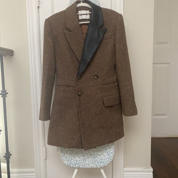 Classic Brown Tweed  Leather Lapel Double-Breasted Blazer Jacket Coat - Picture 7 of 7